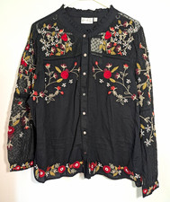NWT Wonderly $74 Black Floral Round Neck Woven LS Button Blouse Embroidered XL picture