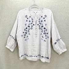J.Jill Love Linen Top Women Large Blue Striped Floral Embroidered Peasant Blouse picture