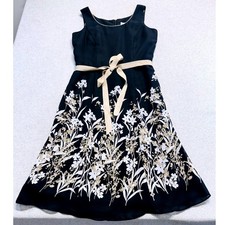 Studio I Fit And Flare Dress Womens 6P Black Floral Sleeveless Chiffon Belted picture