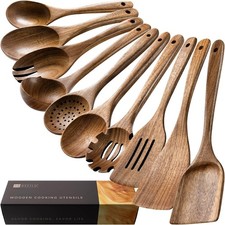 10 Pack Acacia Wooden Cooking Utensils Nonstick Safe Spoons & Spatulas Set picture