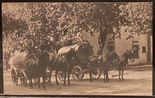 Real Photo 2 Horse Drawn Delivery Wagons~Oil Tank & Wood Barrel RPPC Postcard picture