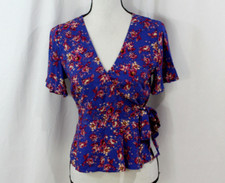 NWT NSR Womens Blue Floral Faux Wrap Blouse XS picture