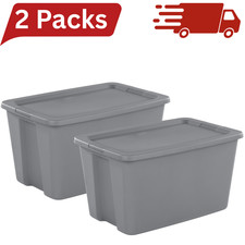 Sterilite 30 Gallon Storage Bin w/ Snap-On Lid Gray Plastic Tote 2 Pack picture