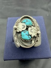 Vintage Navajo Two Stone Turquoise Ring Sterling Silver Signed Hallmark L 14g picture