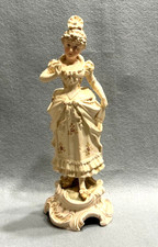 ANTIQUE c1900 GERMAN DRESDEN STYLE PORCELAIN BISQUE 12” LADY w/FAN FIGURINE picture