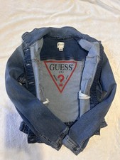 GUESS Women's Blue Denim Jacket Size L Short Button Front Logo Back Pockets picture