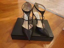 Jimmy Choo Black Leather T Bar Caged Pumps Ankle Strap Pointed EU 38 US 7.5 picture