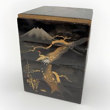 Antique Japanese Gold Gilt Makie Five Piece Box Jubako Pine Tree Crane & Mt Fuji picture