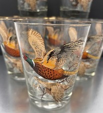 VTG MCM Barware Set 8 Colorful Pheasants Branch Cocktail Whiskey Glasses Barware picture