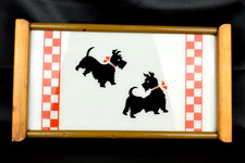 Vintage 1940s Westmoreland Scottie Dog Reverse Painted Glass Tray Wood Frame picture