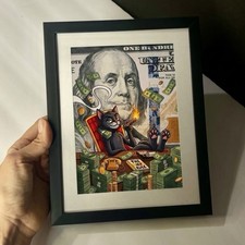 Funny Cat Smoking Cigar on Money Art Print 7