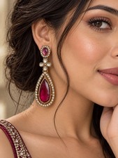 Vintage Ruby Earrings Antique Clover Statement Wine Tourmaline Teardrop Dangles picture
