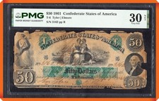 KC- T-6 1861 $50 Confederate States of America - PMG 30 NET ( Damaged ) picture