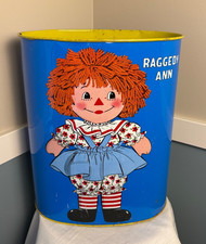 Vtg 1972 Raggedy Ann & Andy Dual Sided Bobbs-Merrill Cheinco Metal Trash Can picture