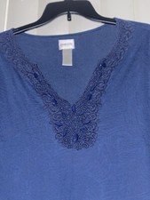 Chicos 3/4 Sleeve Embroidered T-Shirt Top Blouse Chico 1 = Size L  Blue picture