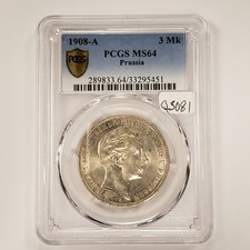 1908-A Germany Prussia 3 Mark  .4823 ASW - PCGS MS 64 - SKU-Q3081 picture