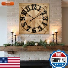 EMAX HOME 24 Inch Brown Square Rustic Wooden Farmhouse Wall Clock picture