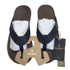 New OluKai Tuahine Men’s 11 Navy Blue Waterproof Leather Flip Flop Sandals picture