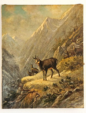Antique c1880s Julius Richter Munich Oil Painting Alpine Chamois German School picture