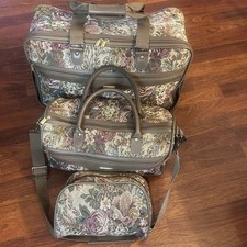 Vtg 80s Jaguar Floral Tapestry Luggage Set 3 Pc Cosmetic Case Travel Weekender picture