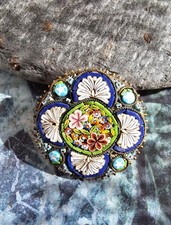 Antique Italian Micro Mosaic Floral Jewelry Cobalt Blue Glass 1890-1940 picture