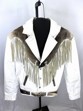 Vtg Originales D’Roan White Leather Fringe Western Cowboy Jacket Hair on Hide 48 picture