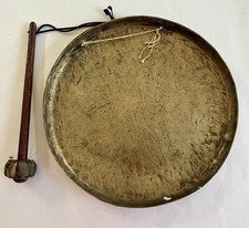 VTG Hand-Hammered Brass Gong & Antique Fabric-Wrapped Mallet Asian Sound Healing picture