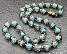 Vintage Blue Glitter Italy Venetian Art Glass 8MM Bead Necklace Barrel Clasp picture