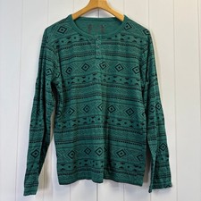 SGR Mens Long Sleeve Henley Shirt Green Black Aztec Geometric Tribal Print L picture