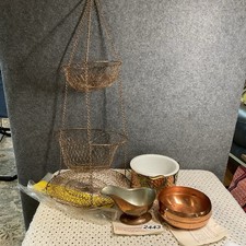 Lot Of Copper - 3 Tier Wire Hanging Basket, Gravy Dish, Bowl W/ Handle, & Dish picture