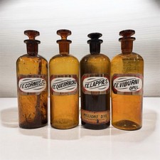 RARE 1890’s AMBER APOTHECARY PHARMACY LABEL UNDER GLASS LUG BOTTLE SET picture
