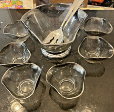 Vintage Smoked Glass Salad Bowl Set Pedestal Bowl w 6 Serving Bowls picture