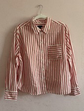 Talbots Modern Chic Nautical Stripe Poplin Short Boxy Pocket Button Down Size L picture