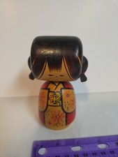 Vintage Japanese Sosaku Kokeshi Wooden Doll Cute Pigtails Floral Red Kimono 5