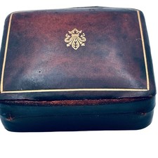 Vintage Italian Leather Jewelry Box Fleur de Lis Gold Gilt Small Trinket Case picture