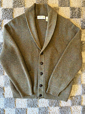 Orvis Men's L Green Wool Knit Shawl Collar Button Cardigan Sweater Pockets picture