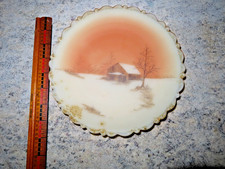 Fenton  Sunset Farm barn On Cameo Satin Hand Painted Custard Glass Plate S lee picture