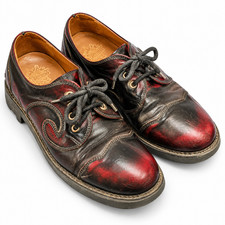 Vintage John Fluevog Derby Swirl 6 Eye Angel Sole Red Black Leather Mens 10.5 picture