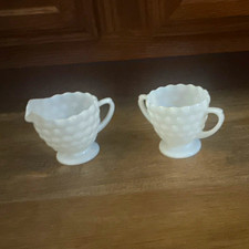 White Milk Glass Hobnail Mini Creamer Set of 2 with Handles, Unmarked very rare picture