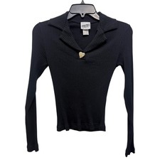 RARE Vtg 90s Fresh Top Women XS Black Ribbed Heart Button L/S Fitted Grunge Goth picture