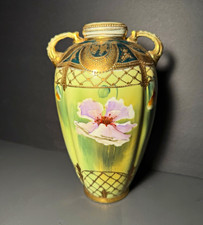 Antique Nippon Morimura M Wreath Hand Painted Moriage Floral Vase 8.5 picture
