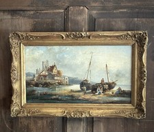 C19th EUROPEAN Oil ANTIQUE FRAMED Daily Catch Signed 26.5 x 19.5 picture