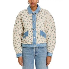 BlankNYC Women Ivory Floral Denim Quilted Oversize Bomber Jacket Size XS picture