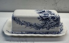 Vintage Nasco Japan Queen’s Rose ceramic butter dish blue white floral rare picture