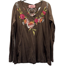 Johnny Was JWLA Womens Top Brown Floral Embroidered Long Sleeve Boho Blouse L M picture