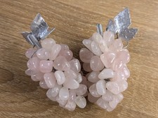 Vintage Mid Century Rose Quartz Grape Cluster MCM Stone Fruit Metal Leaf Pair picture