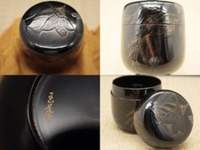 Japanese Wajima Lacquer Wooden Natsume Nasu Eggplant Maki-e Tea Caddy (608) picture