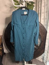 VTG Tess Dress 100% Silk Shirt Dress Teal Blue Button Front Midi Long Sleeve M/L picture
