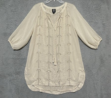 Bobeau Shirt Beige Lace Sheer Trim Tassel Tunic Top Medium 3/4 Sleeve Boho picture
