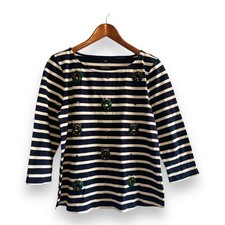 Talbots Womens Navy White Striped Christmas Wreath Pom Pom Cotton Top Size M NWT picture